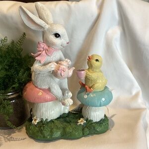 Bunny and Chick sitting on Mushrooms Tabletop Decor